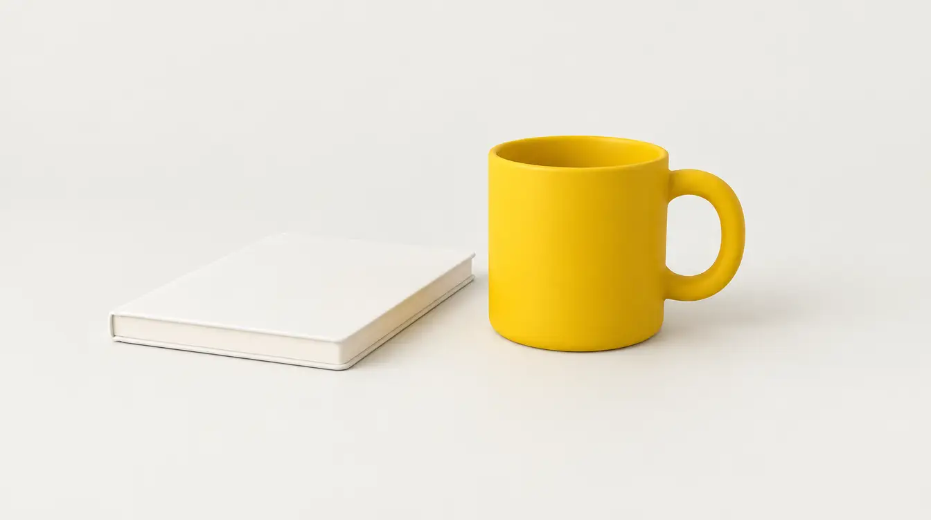 Caneca amarela junto a um caderno branco