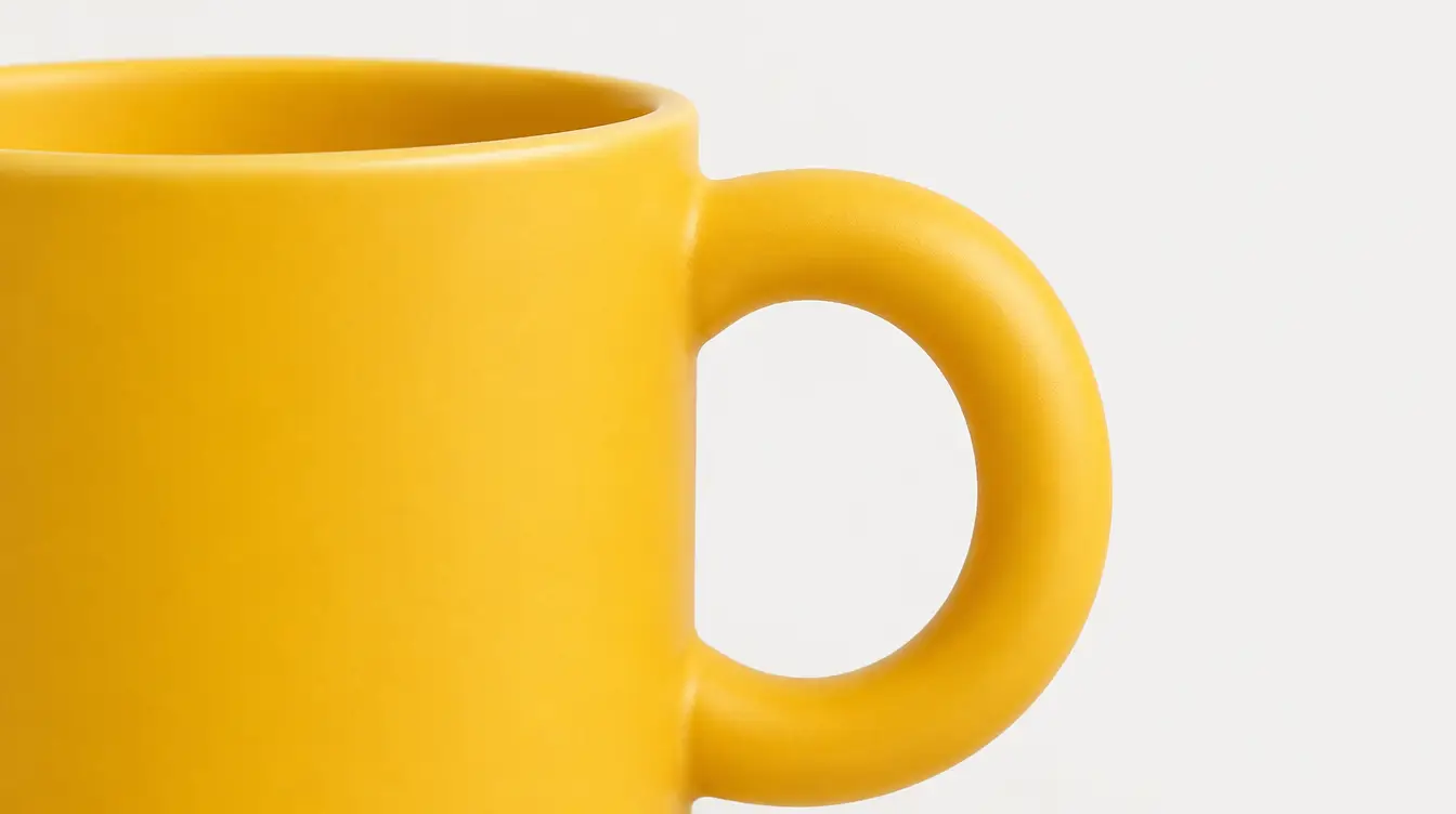 Detalhe da alça e da borda da caneca amarela